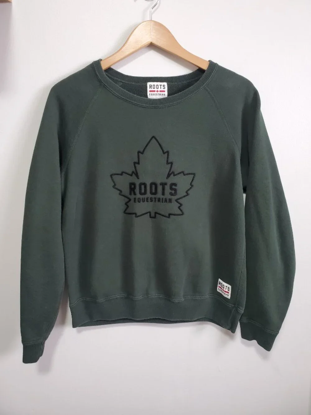 ROOTS Equestrian Sweatshirt Maple Leaf Terrycloth Green Black Women's Medium - Picture 2 of 11